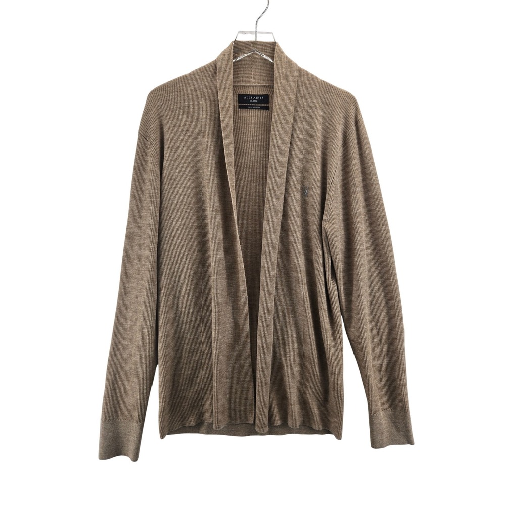 AllSaints Merino Wool Open Front Cardigan Taupe Brown XL Ramskull Longline